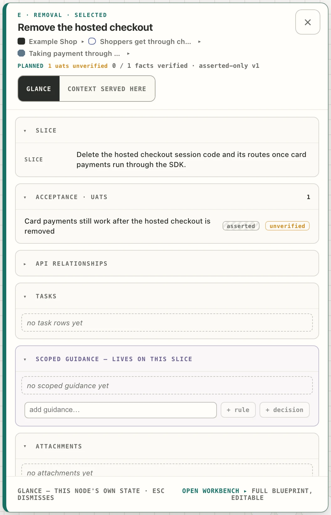 The panel of the slice “Remove the hosted checkout”, of the kind removal, whose acceptance criterion reads “Card payments still work after the hosted checkout is removed”.