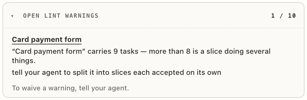 The section “Open Lint Warnings 1 / 10” on the project card's panel: the slice “Card payment form” carries 9 tasks, with the line “tell your agent to split it into slices each accepted on its own”.